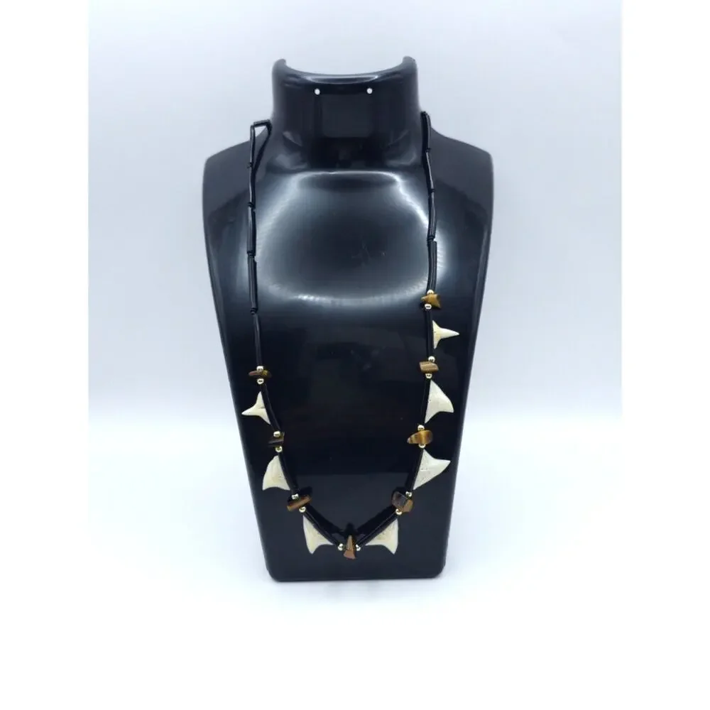 Vintage Shark Tooth Black Coral Tigers Eye Beaded Necklace 19